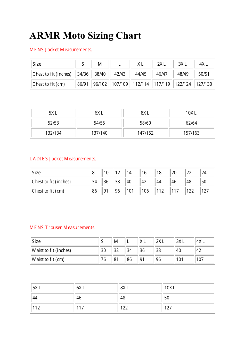 Motrocycle Wear Size Chart - Armr Moto, Page 1