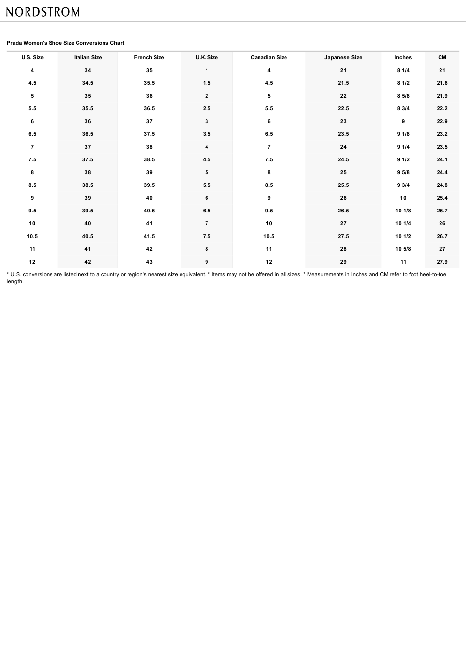 Women's Shoe Size Conversions Chart Prada Download Printable PDF