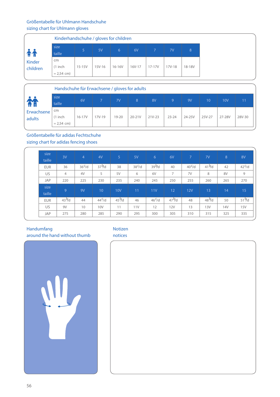 Gloves Size Chart - Uhlmann (English / German), Page 1
