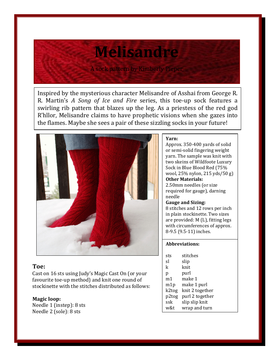 Melisandre Sock Knitting Pattern - Kimberly Pieper, Page 1