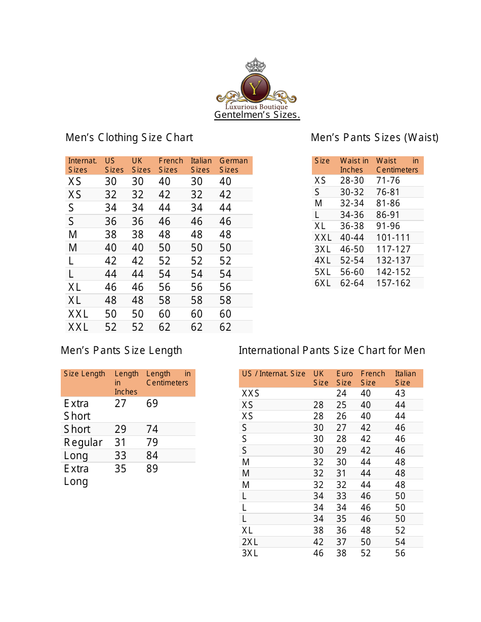 Men's Clothing Size Chart - Luxurious Boutique Download Printable PDF