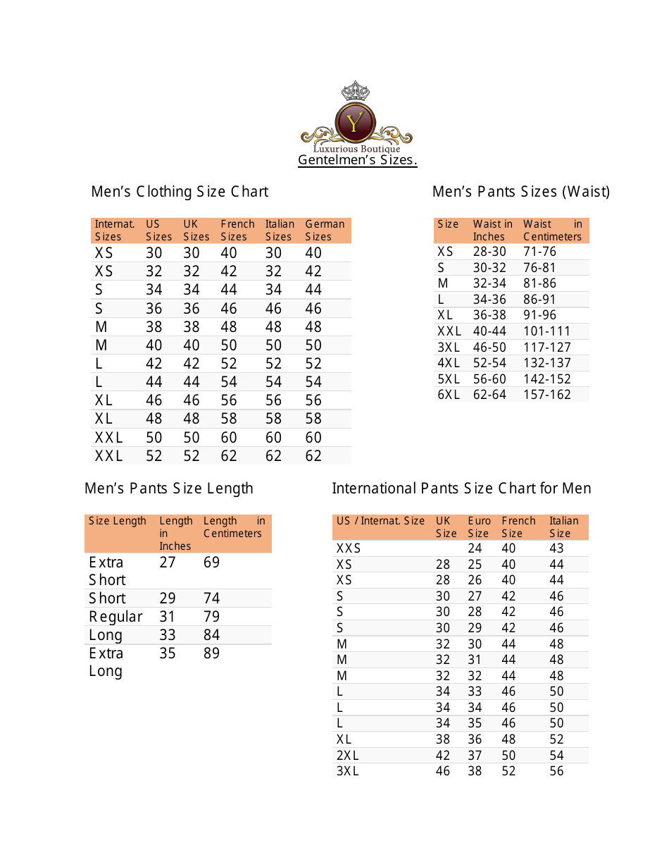 Mens Clothing Size Chart - Luxurious Boutique, Page 1