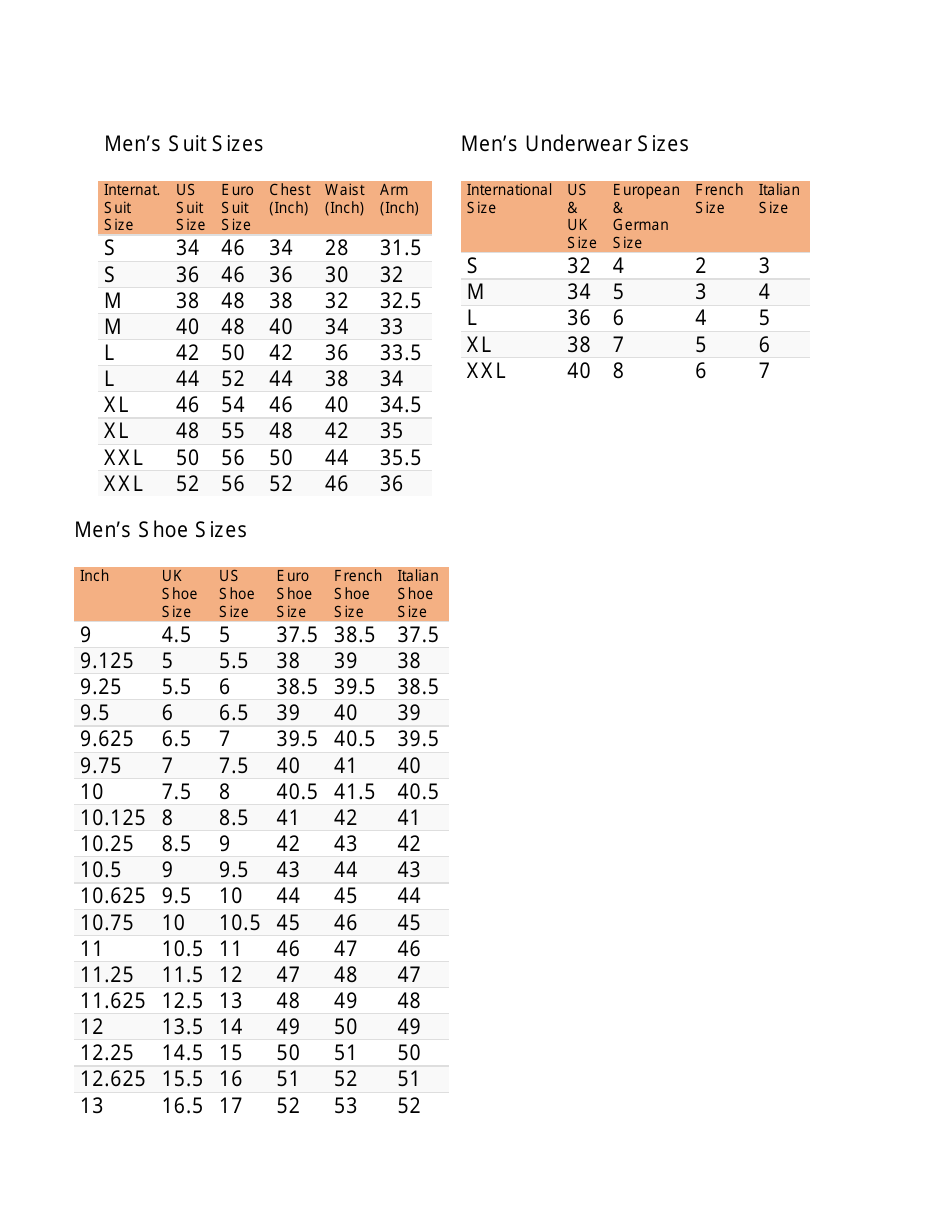 Mens Clothing Size Chart - Luxurious Boutique, Page 3