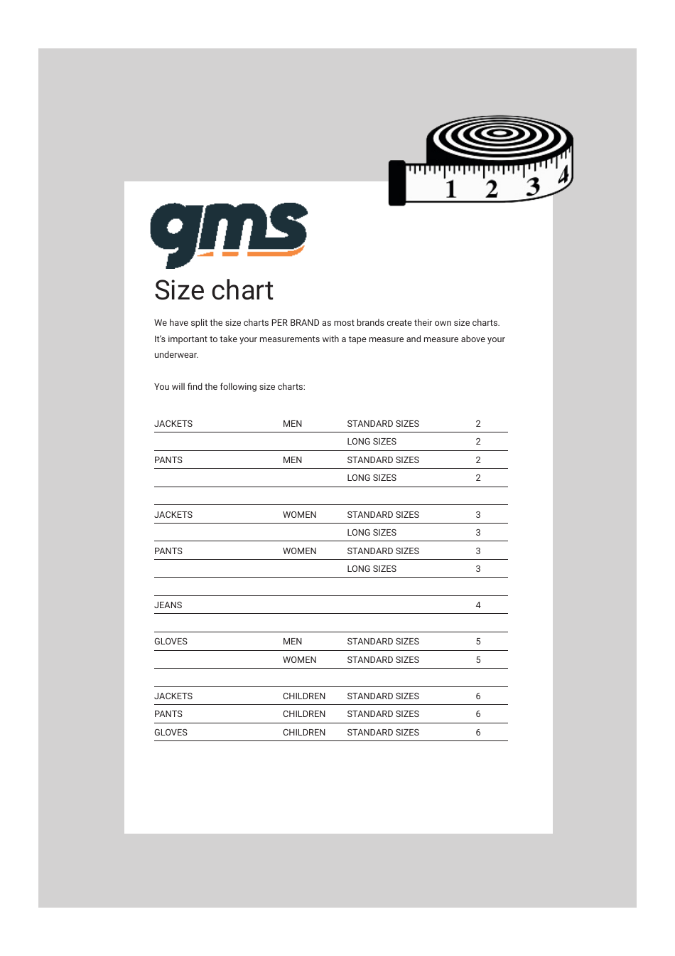 Size Chart - Gms, Page 1