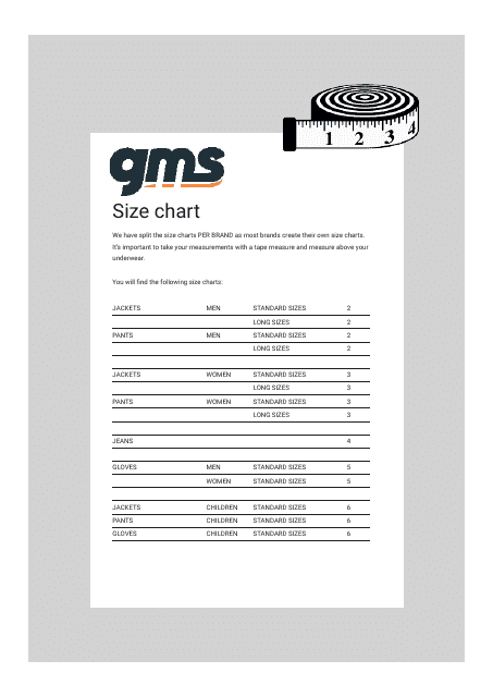 Size Chart - Gms Download Pdf