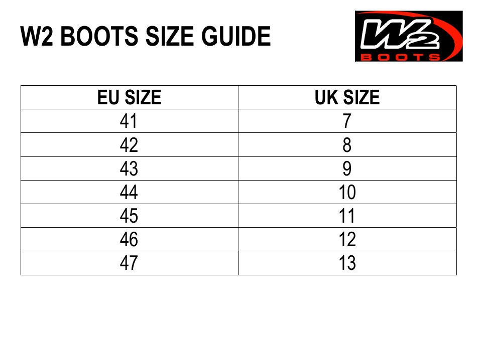 Boot Size Chart - W2 Boots, Page 1