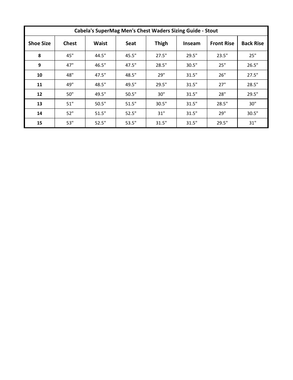 Mens Chest Waders Sizing Guide - Stout, Page 1