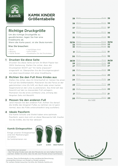 Kids Boots Sizing Chart and Measurement Tool - Kamik (English/German)