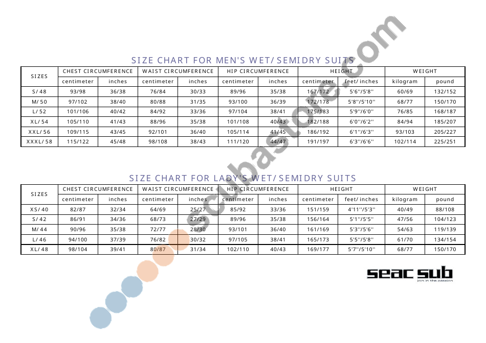 Wet / Semidry Suit Size Chart, Page 1