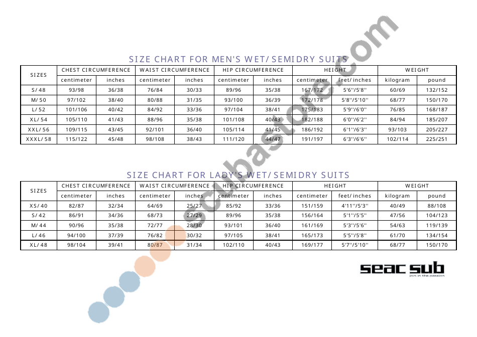 Wet/Semidry Suit Size Chart Download Printable PDF | Templateroller