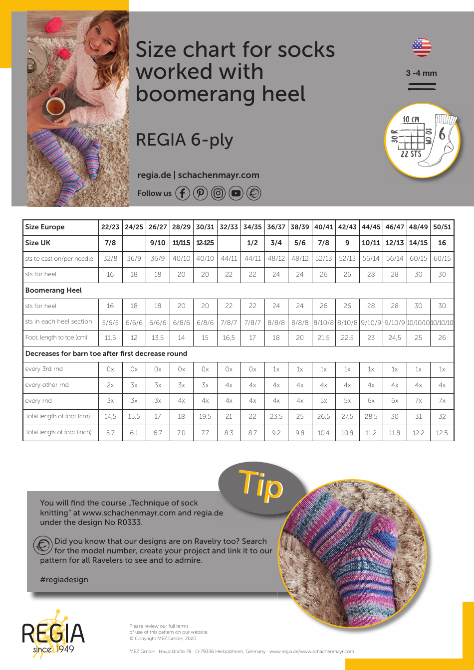 Boomerang Heel Socks Size Chart 6ply Download Printable PDF