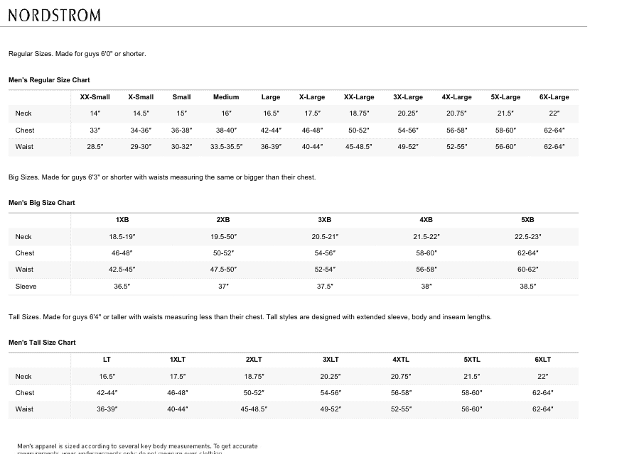 Men's Size Chart - Nordstrom Download Printable PDF | Templateroller