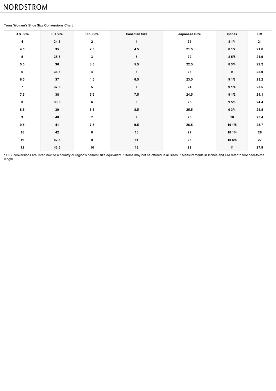 Women's Shoe Size Conversions Chart Toms Download Printable PDF