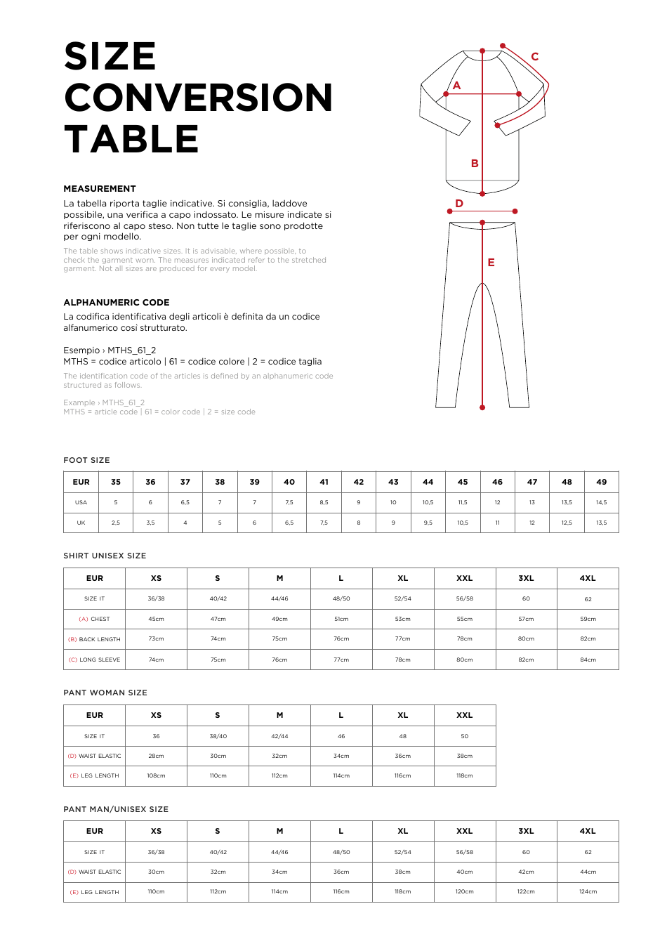 Size Conversion Table (English / Spanish), Page 1