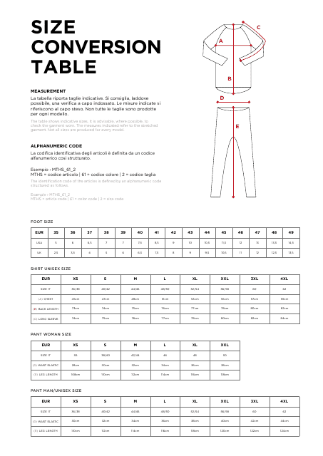Size Conversion Table (English/Spanish)