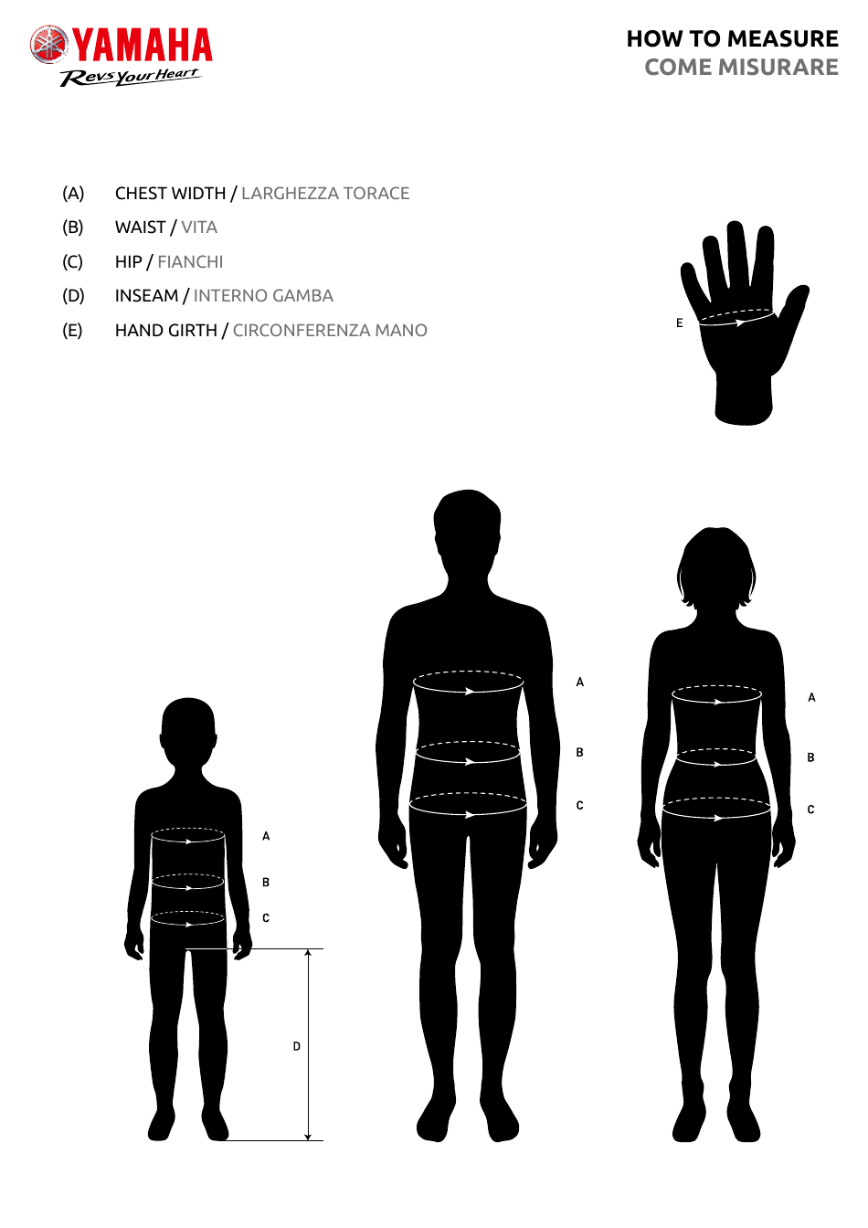 Clothes and Accessories Size Charts - Yamaha (English / Italian), Page 1