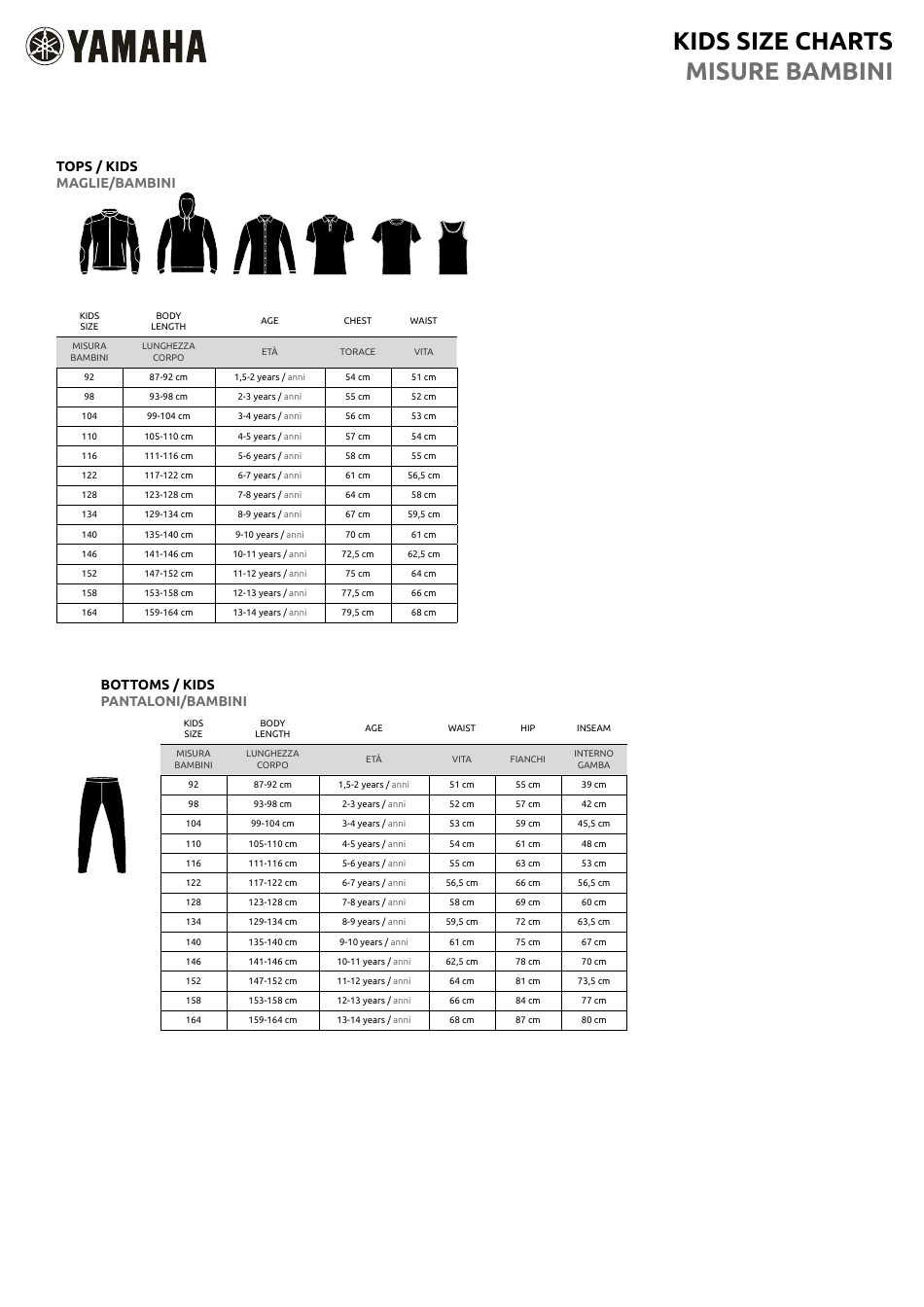 Clothes and Accessories Size Charts - Yamaha (English / Italian), Page 4