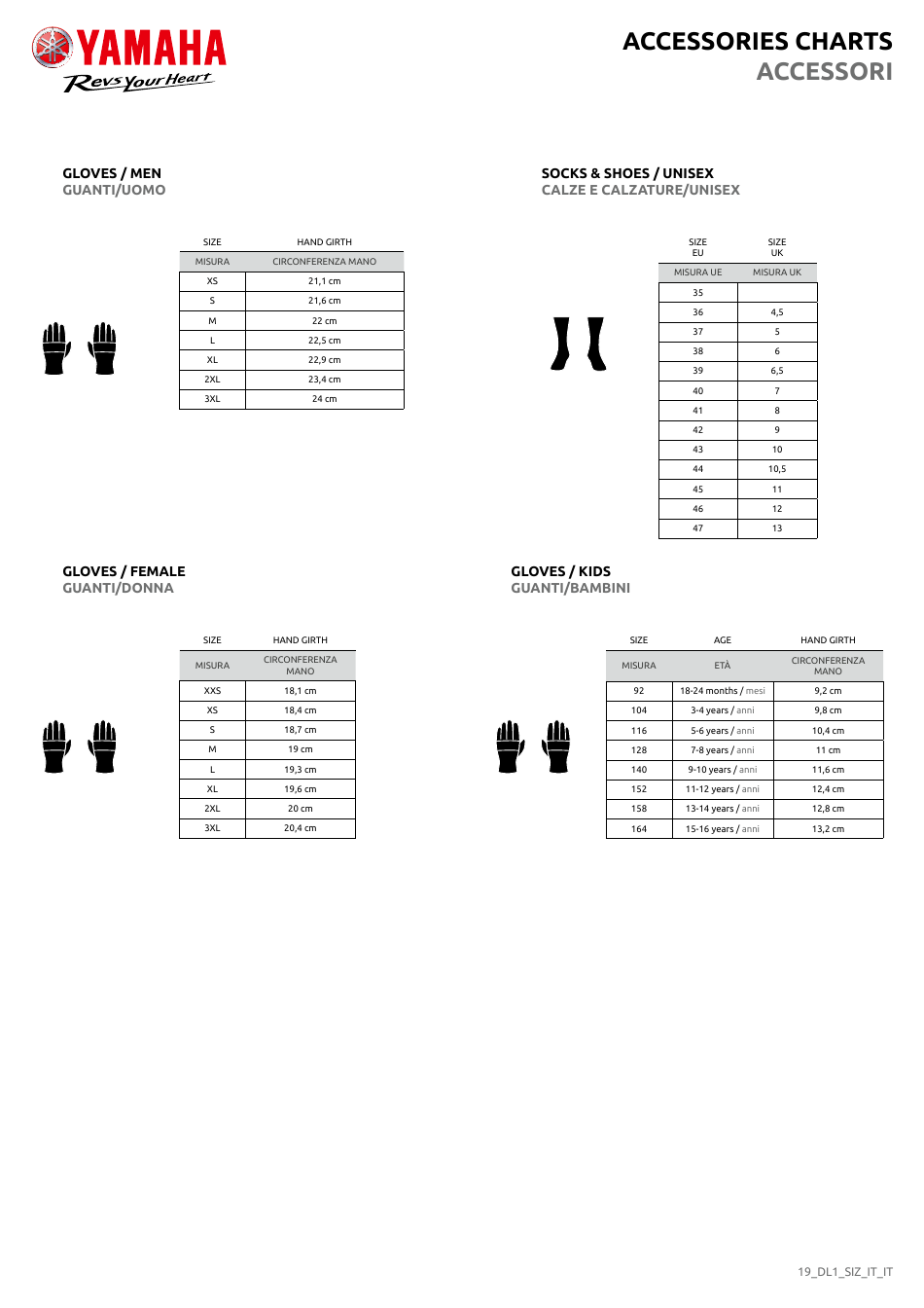 Clothes and Accessories Size Charts - Yamaha (English / Italian), Page 5
