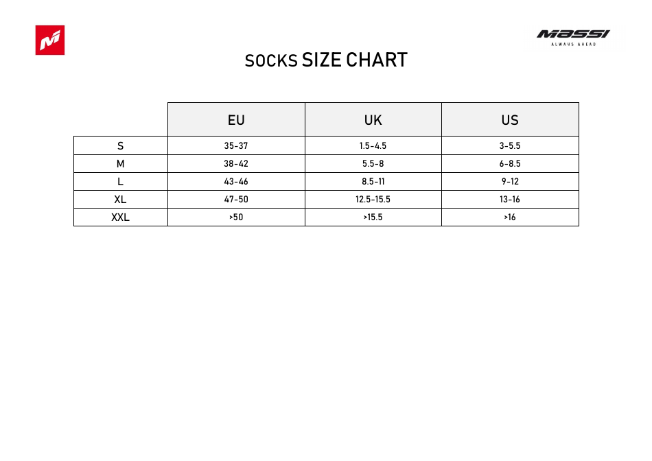 Socks Size Chart - Massi, Page 1
