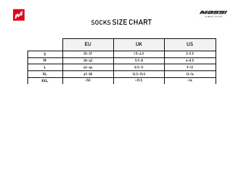 Document preview: Socks Size Chart - Massi