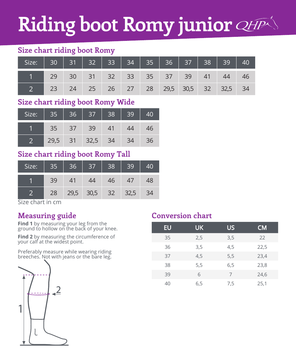 Brogini Riding Boots Size Chart