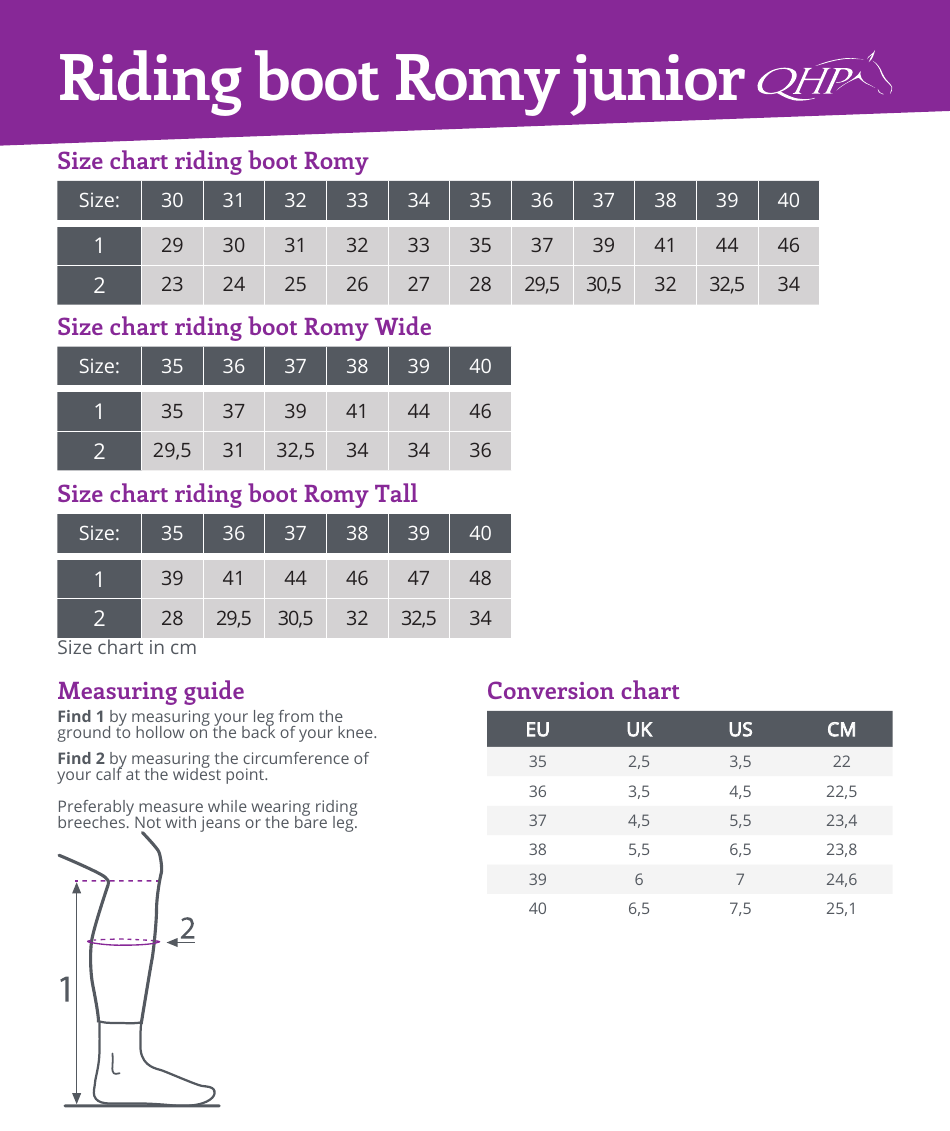 Junior Riding Boot Size Chart - Qhp, Page 1