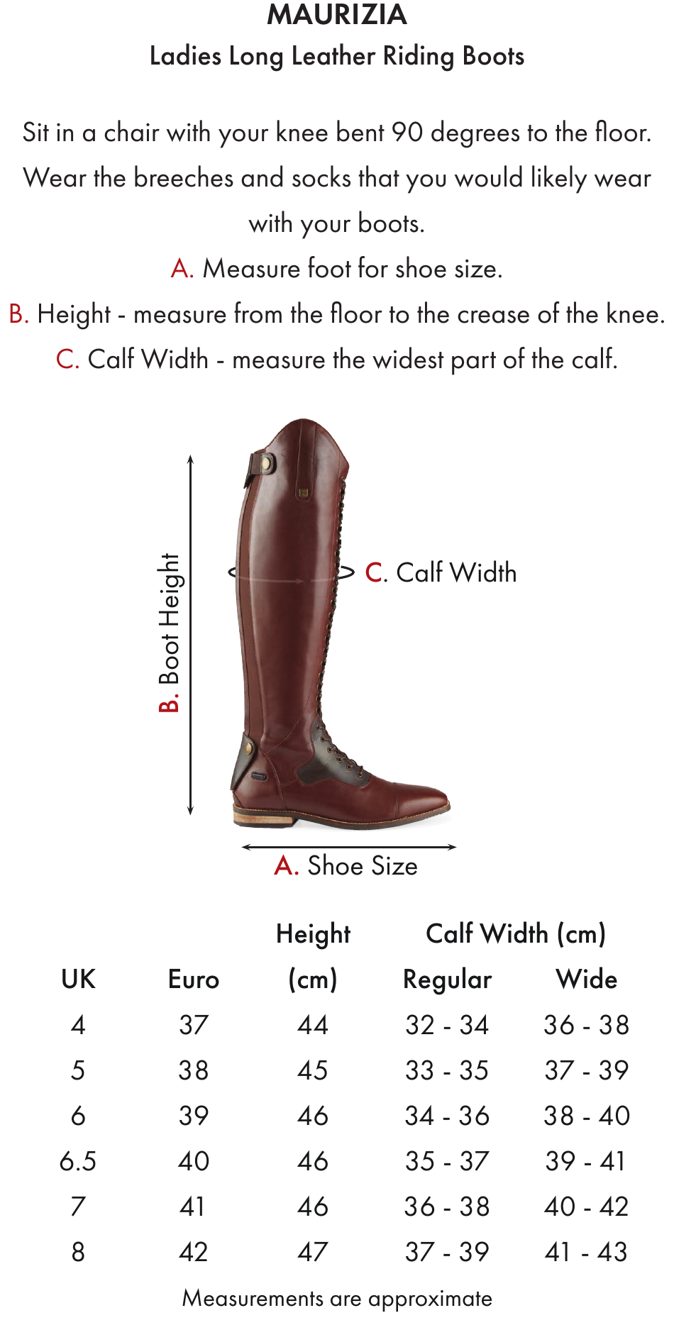 Ladies Long Leather Riding Boots Size Chart, Page 1