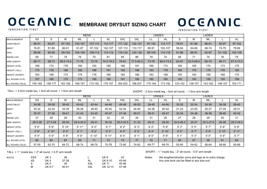 Membrane Drysuit Sizing Chart - Oceanic