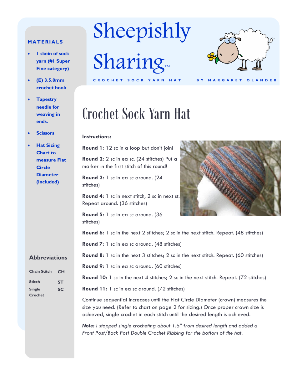 Sock Yarn Hat Crochet Pattern and Sizing Chart, Page 1