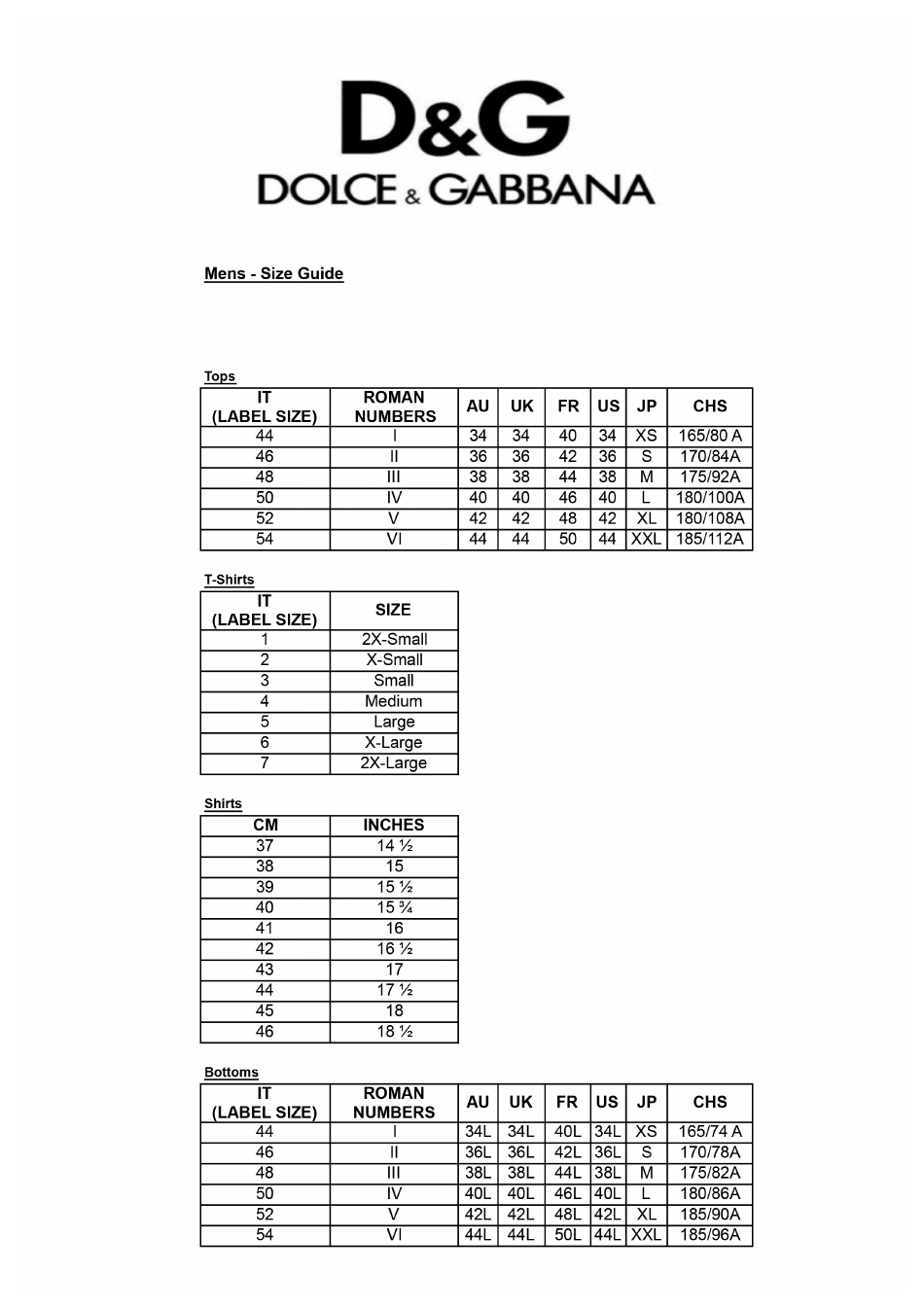 Mens Size Chart - Dolce  Gabbana, Page 1