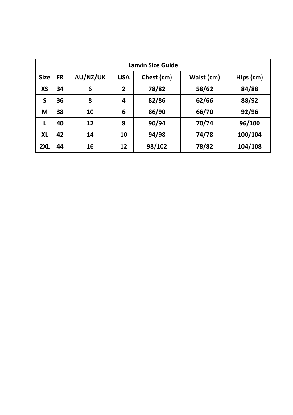 Clothing Size Chart - Lanvin Download Printable PDF | Templateroller