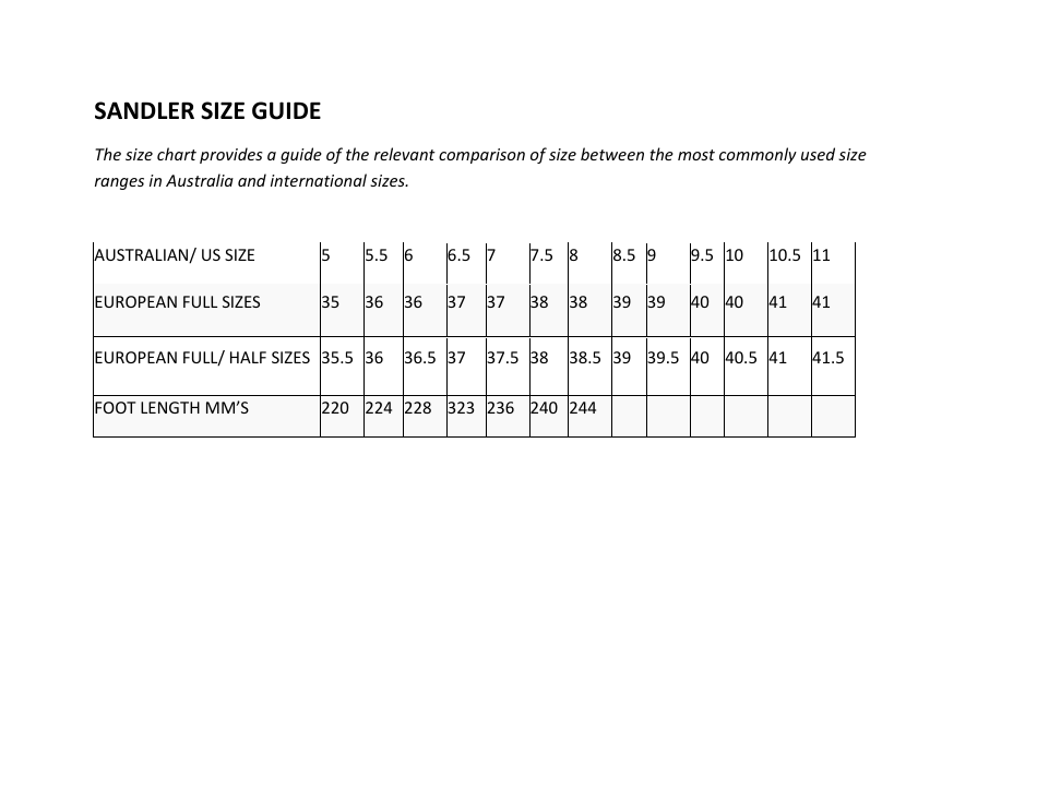 Shoe Size Chart - Sandler, Page 1