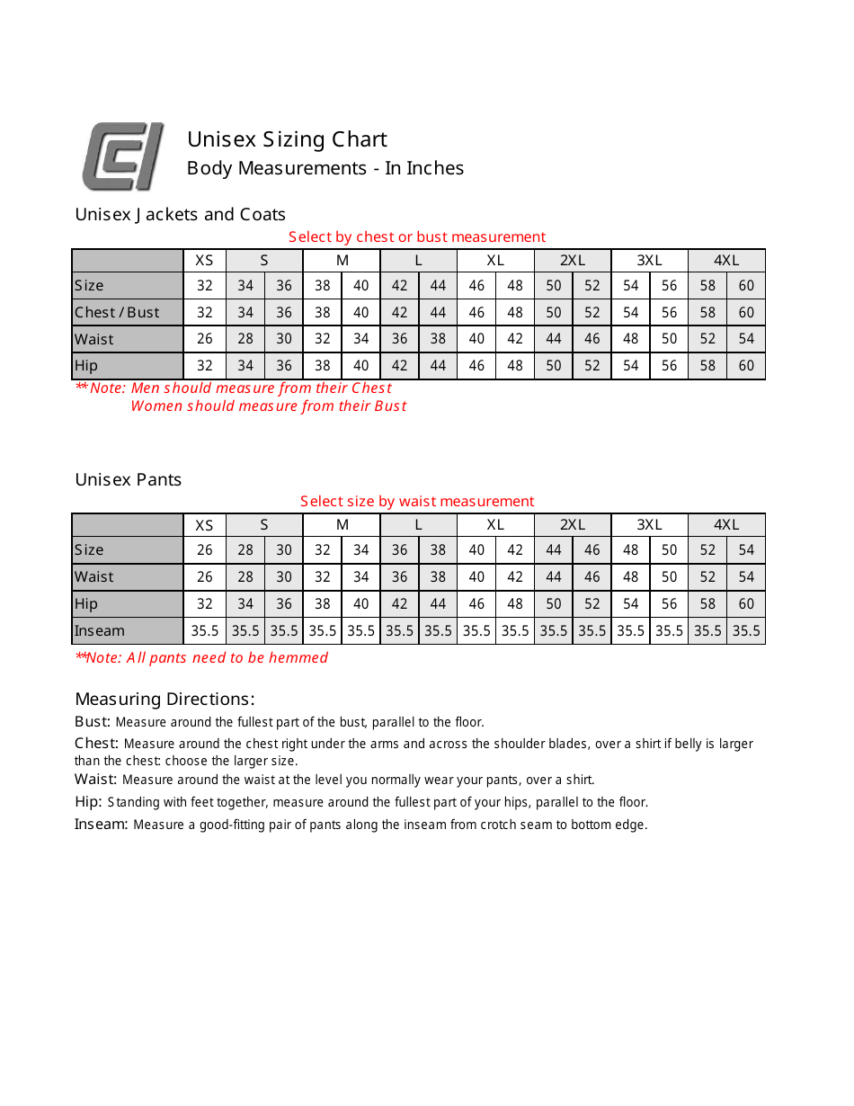 Unisex Sizing Chart Download Printable PDF | Templateroller