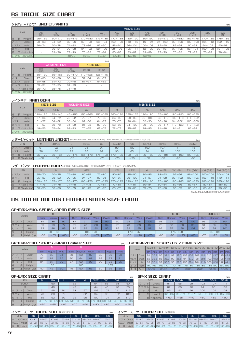 Motorcycle Gear Size Chart Rs Taichi Download Printable PDF (English