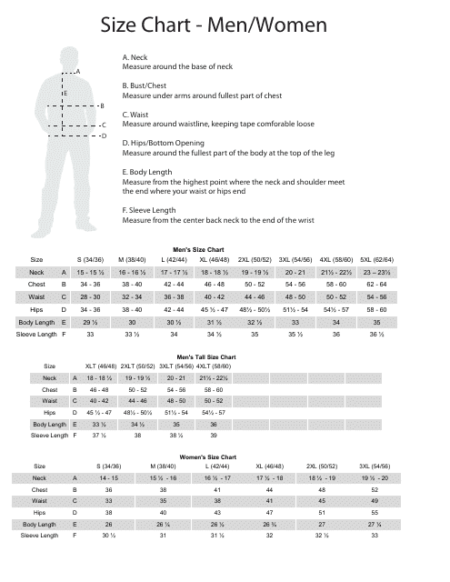 Men / Women's Size Chart - Black and White Download Pdf