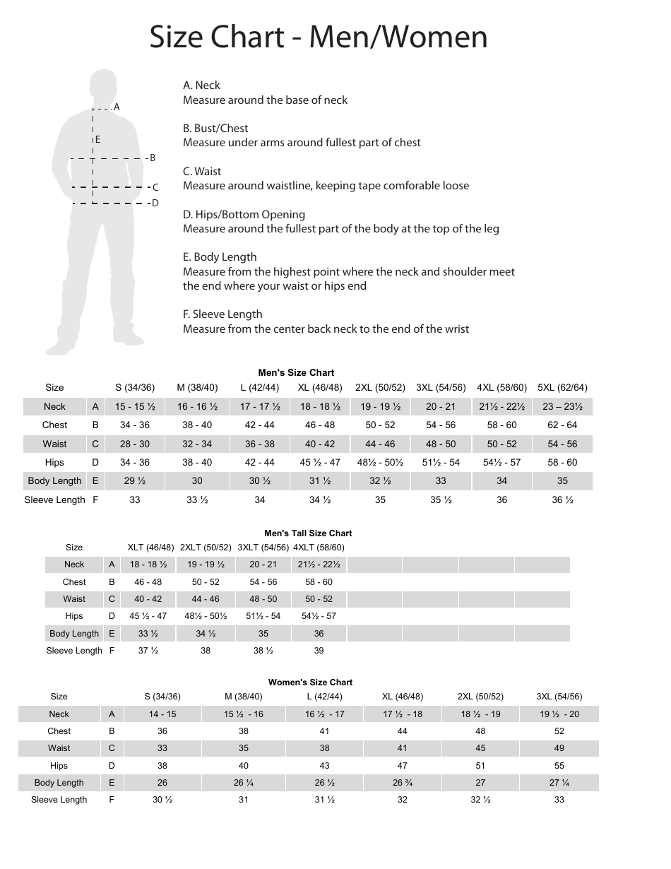 Men / Womens Size Chart - Black and White, Page 1