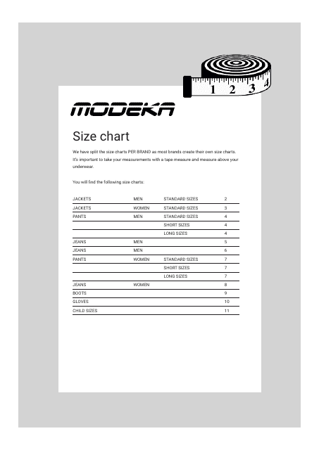 Clothing Size Charts - Modeka