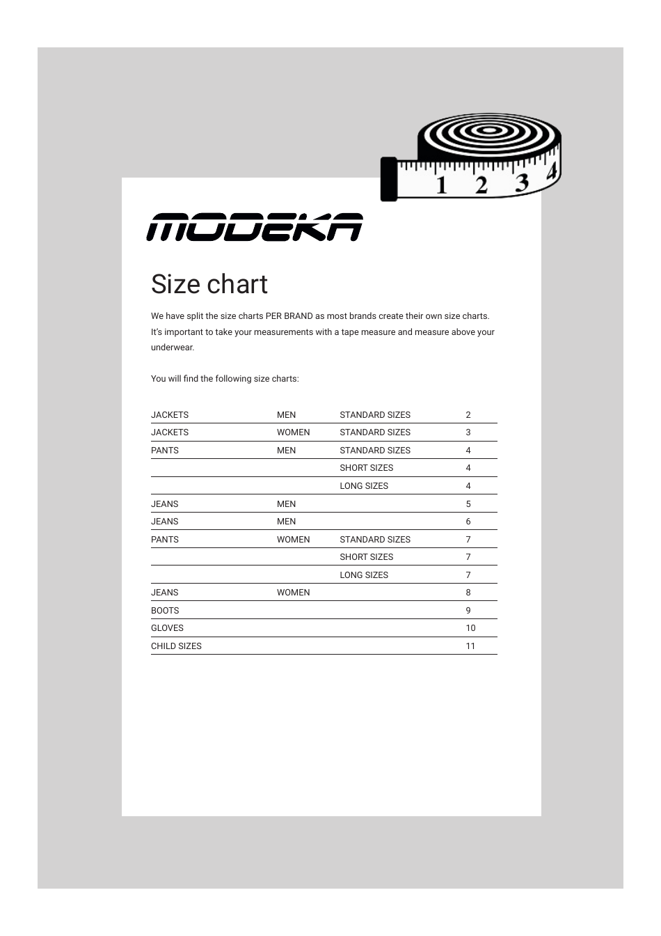 Clothing Size Charts - Modeka, Page 1