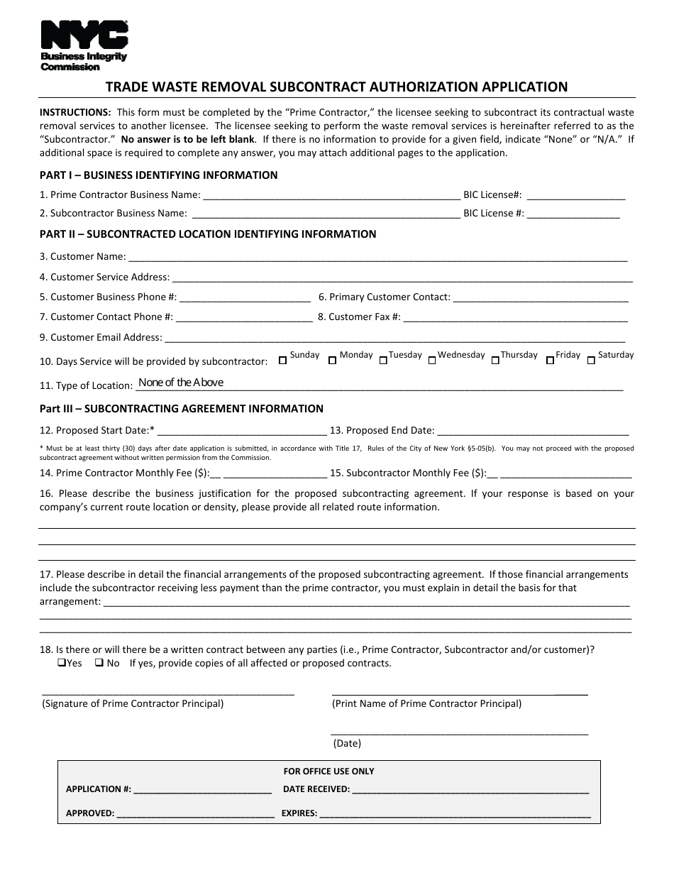 Trade Waste Removal Subcontract Authorization Application - New York City, Page 1