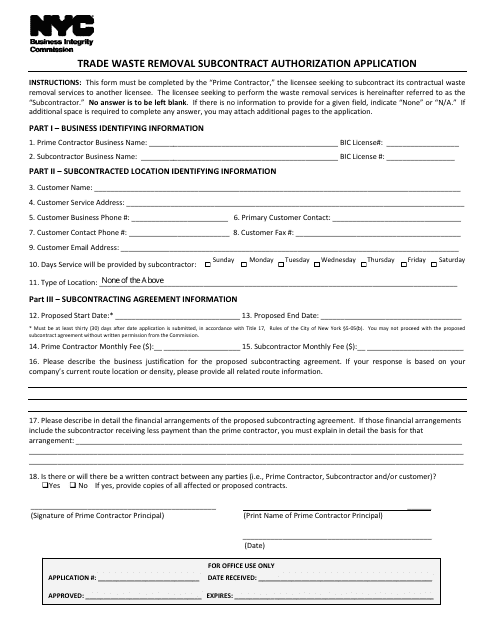 Trade Waste Removal Subcontract Authorization Application - New York City Download Pdf