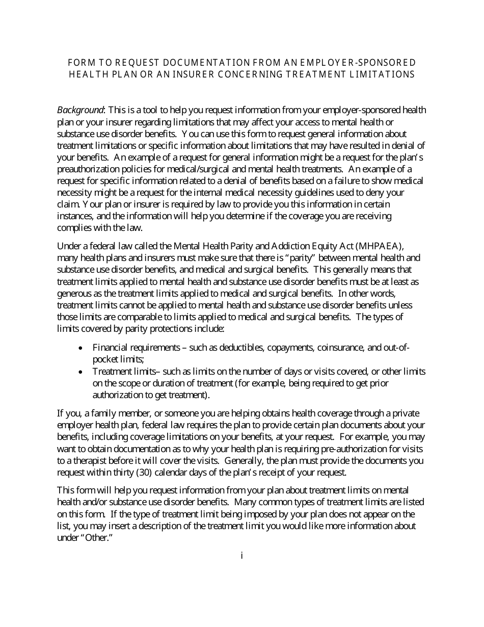 Form to Request Documentation From an Employer-Sponsored Health Plan or an Insurer Concerning Treatment Limitations, Page 1