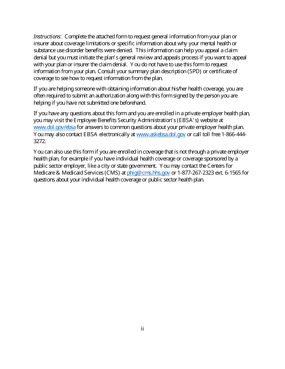 Form to Request Documentation From an Employer-Sponsored Health Plan or an Insurer Concerning Treatment Limitations, Page 2