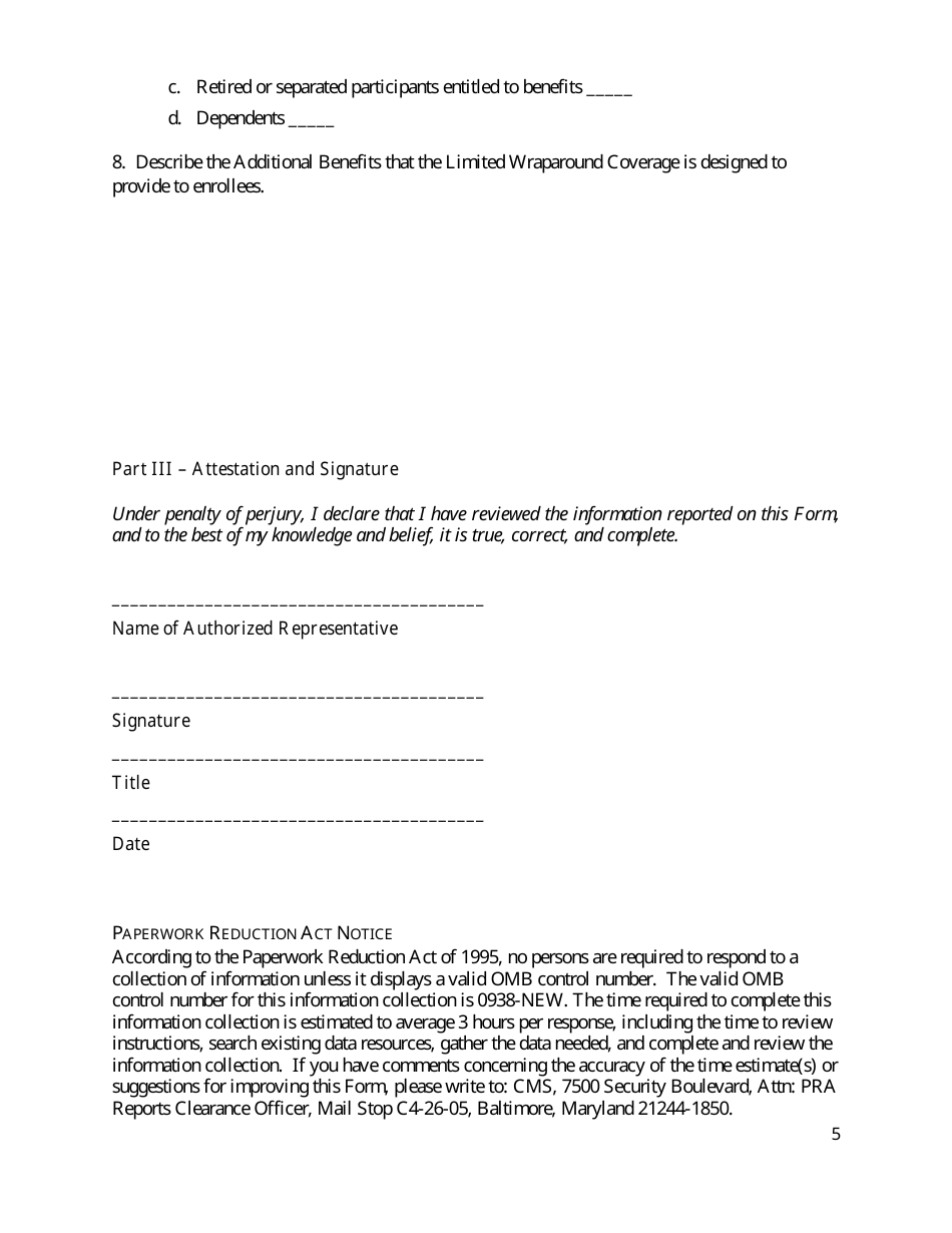 Reporting Form for Plan Sponsors Offering Limited Wraparound Coverage, Page 5