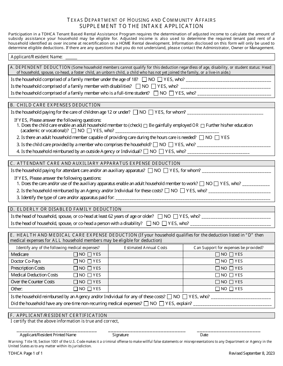 Supplement to the Intake Application - Texas, Page 1