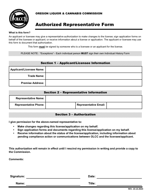 Authorized Representative Form - Oregon Download Pdf