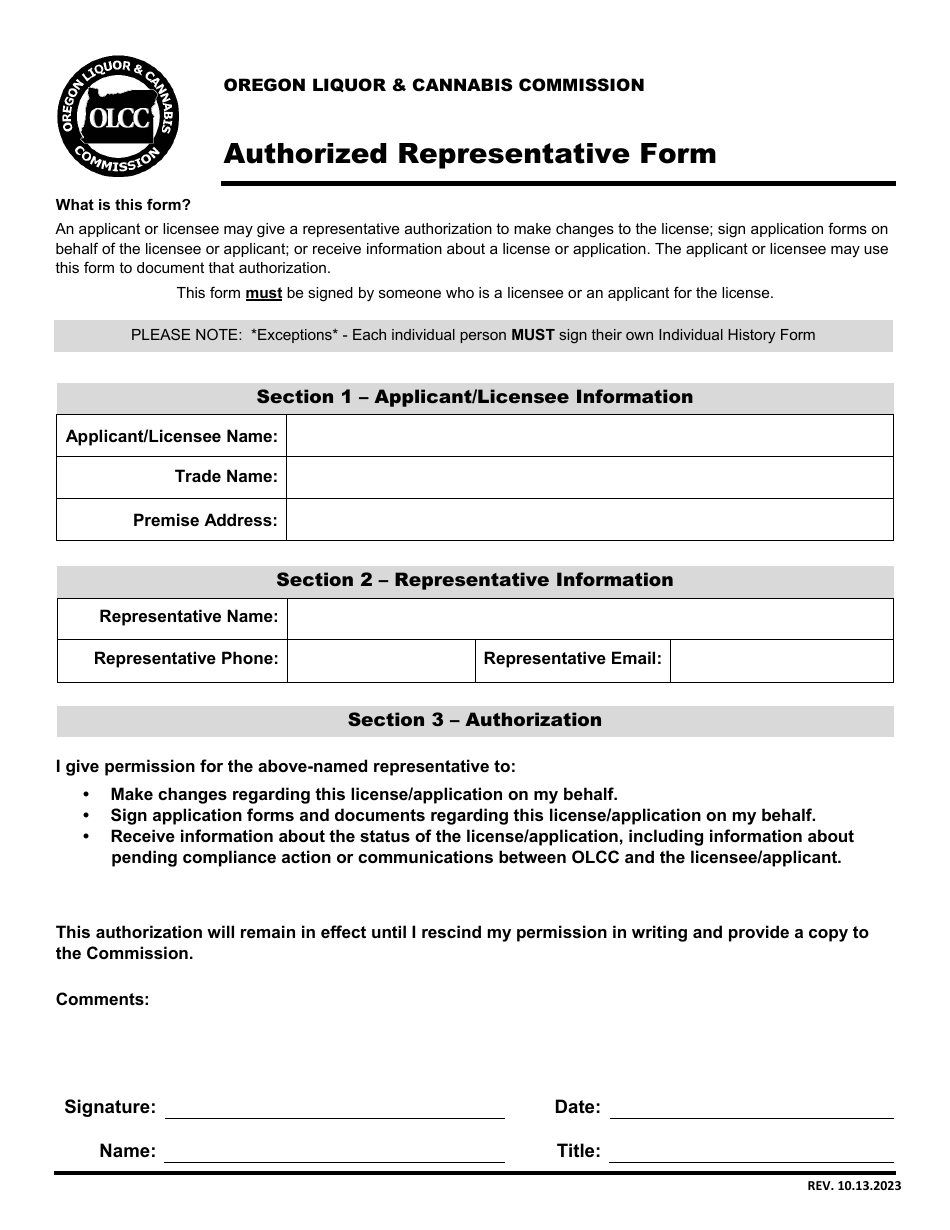 Authorized Representative Form - Oregon, Page 1