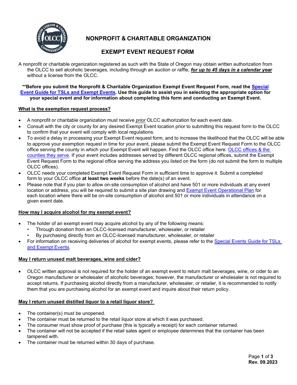 Nonprofit  Charitable Organization Exempt Event Request Form - Oregon, Page 1