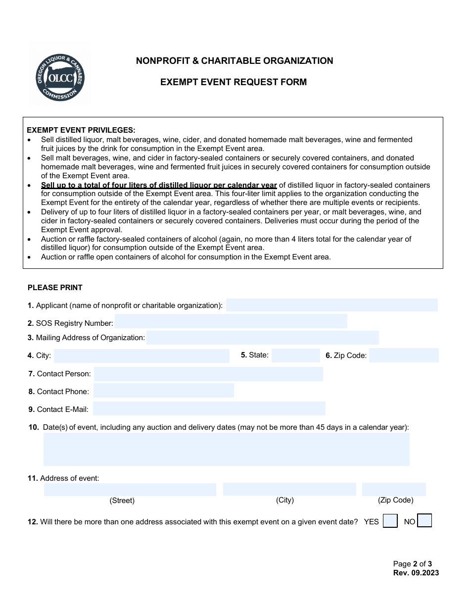 Nonprofit  Charitable Organization Exempt Event Request Form - Oregon, Page 2