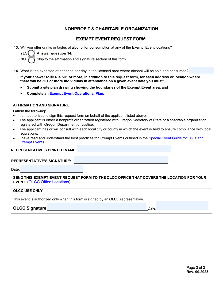 Nonprofit  Charitable Organization Exempt Event Request Form - Oregon, Page 3
