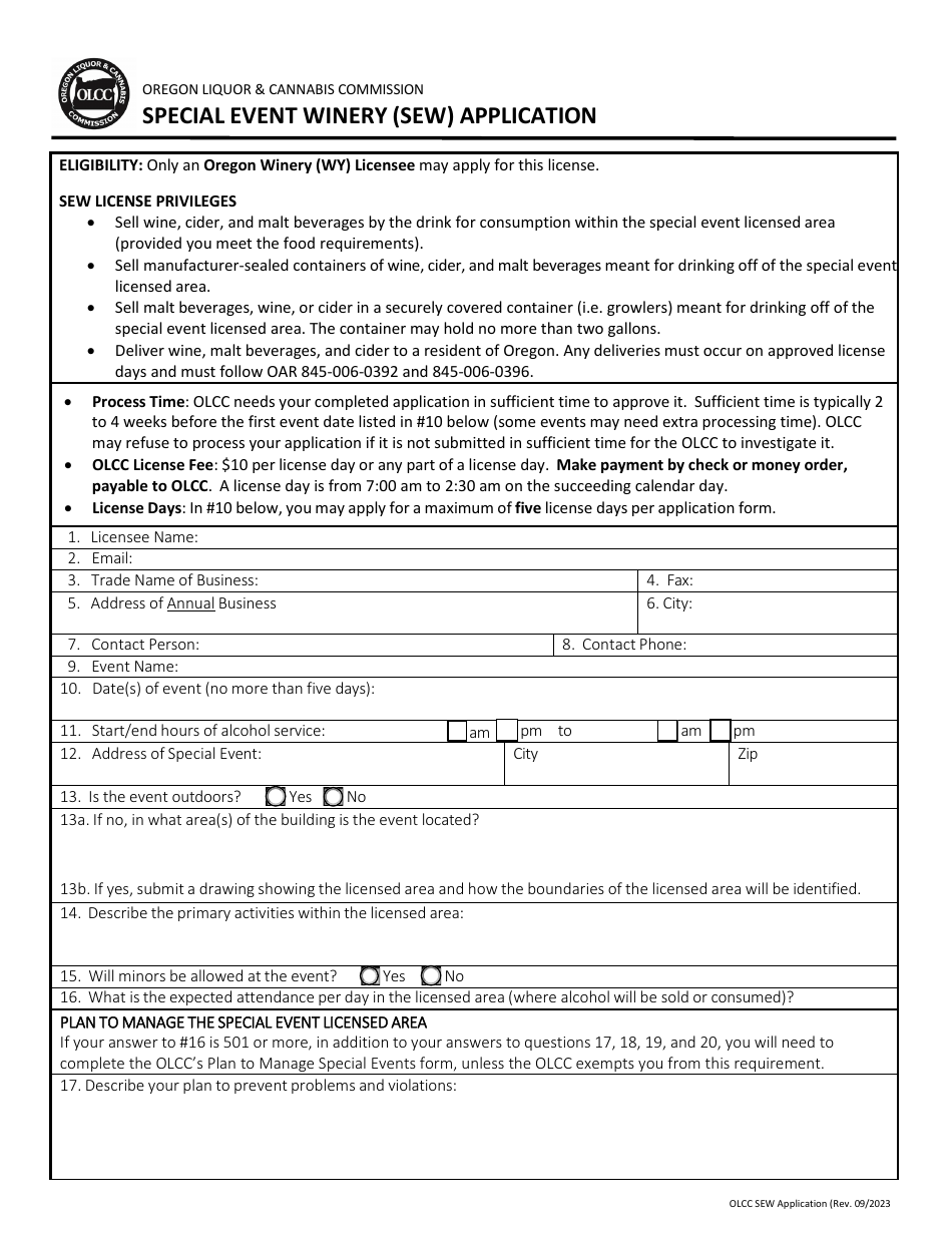 Special Event Winery (Sew) Application - Oregon, Page 1